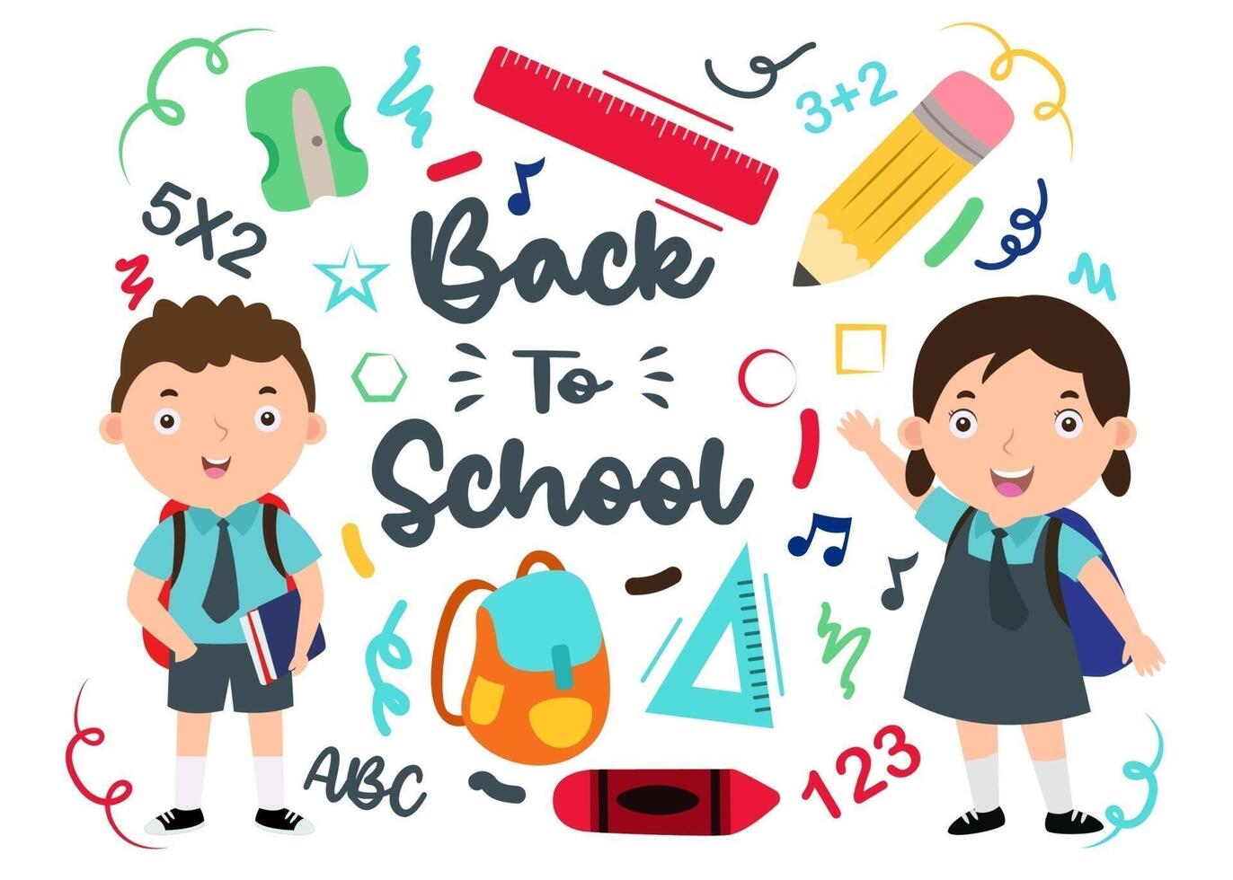 Welcome Back to school with funny school characters flat vector illustration.