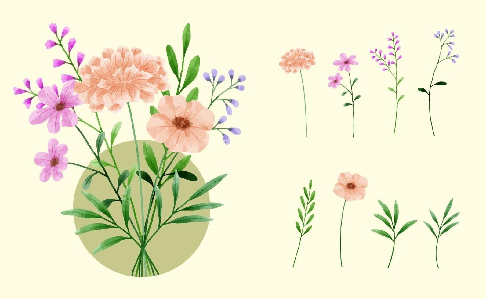 un conjunto de flores pintadas en acuarela para crear un trabajo de diseñador vector