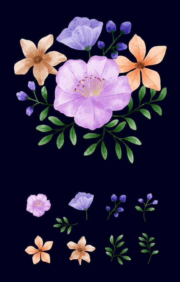 un conjunto de flores pintadas en acuarela para crear un trabajo de diseñador vector