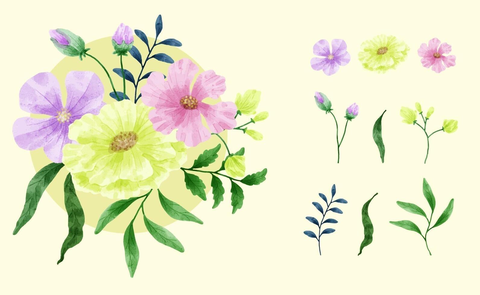 un conjunto de flores pintadas en acuarela para crear un trabajo de diseñador vector