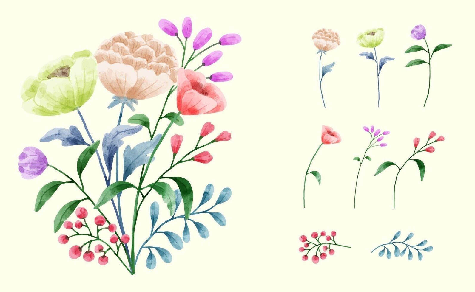 un conjunto de flores pintadas en acuarela para crear un trabajo de diseñador vector