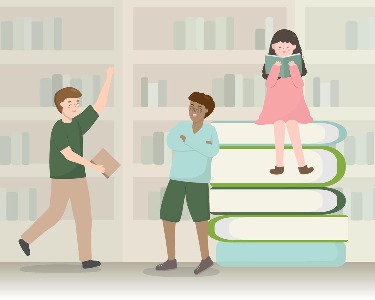 Back to school Book store library themed concept cartoon vector illustration. Three students read textbooks to make a report on the subject the teacher did research in the school reservation library