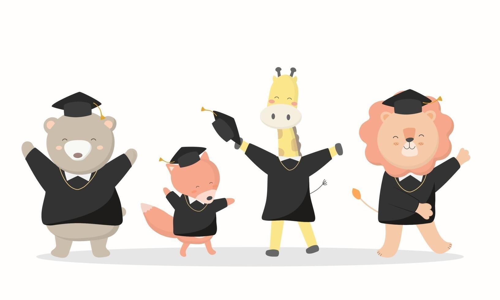 Congratulation for graduation day. 4 animal students bear, fox, giraffe, lion vector