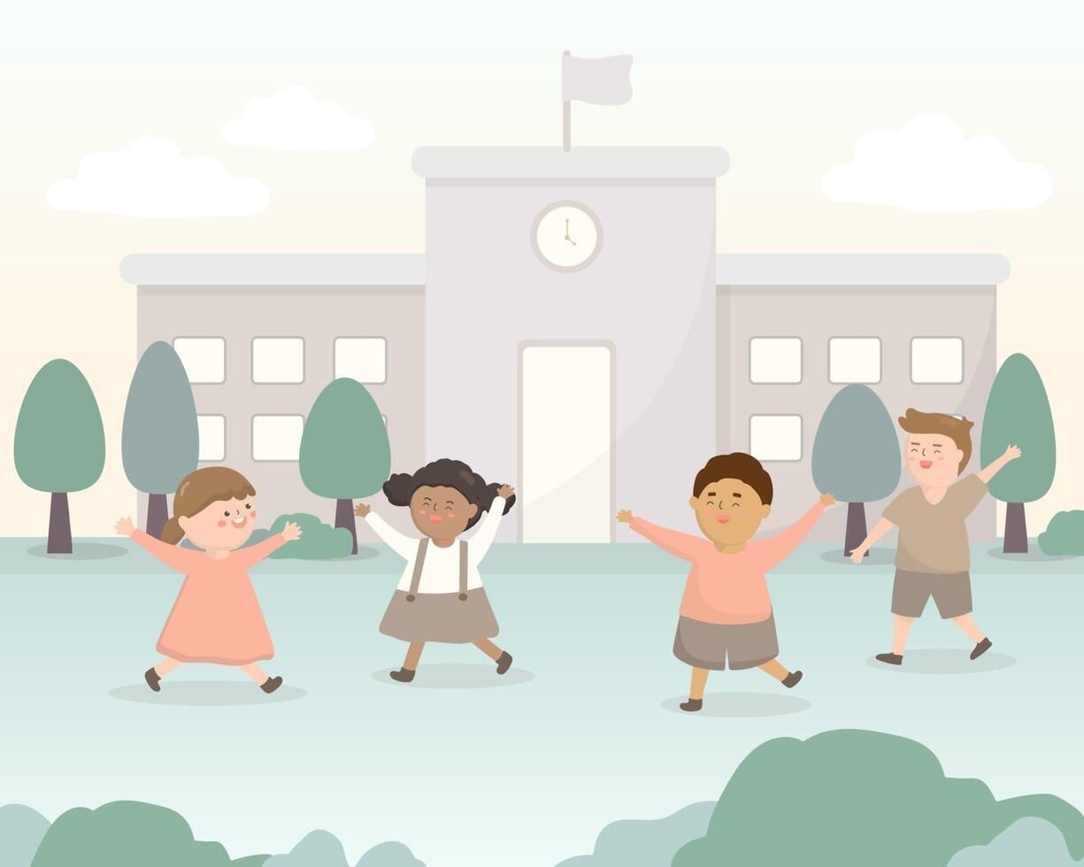 Welcome Back to school with funny school characters flat vector illustration.