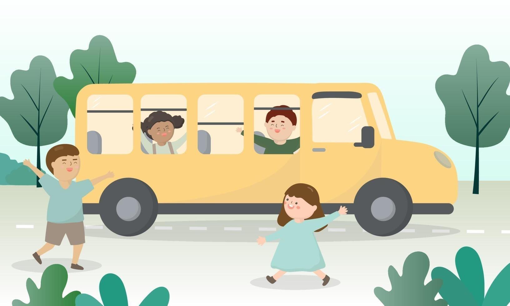happy students kids in the school bus vector