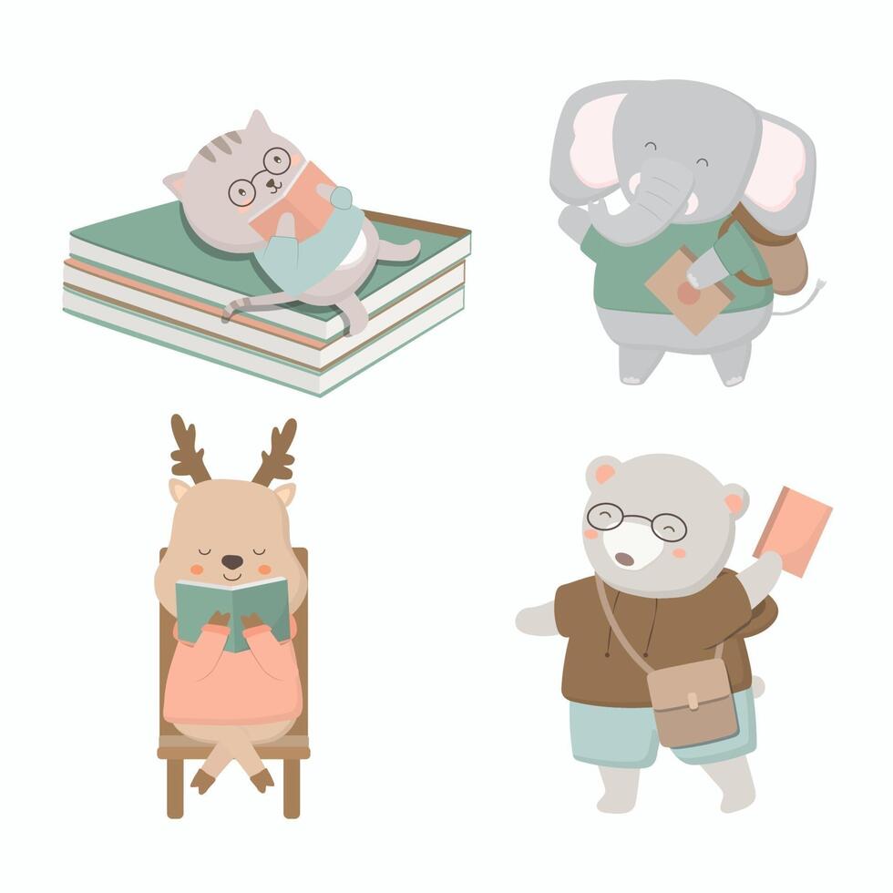 4 students cat, elephant, deer, bear, read a book vector