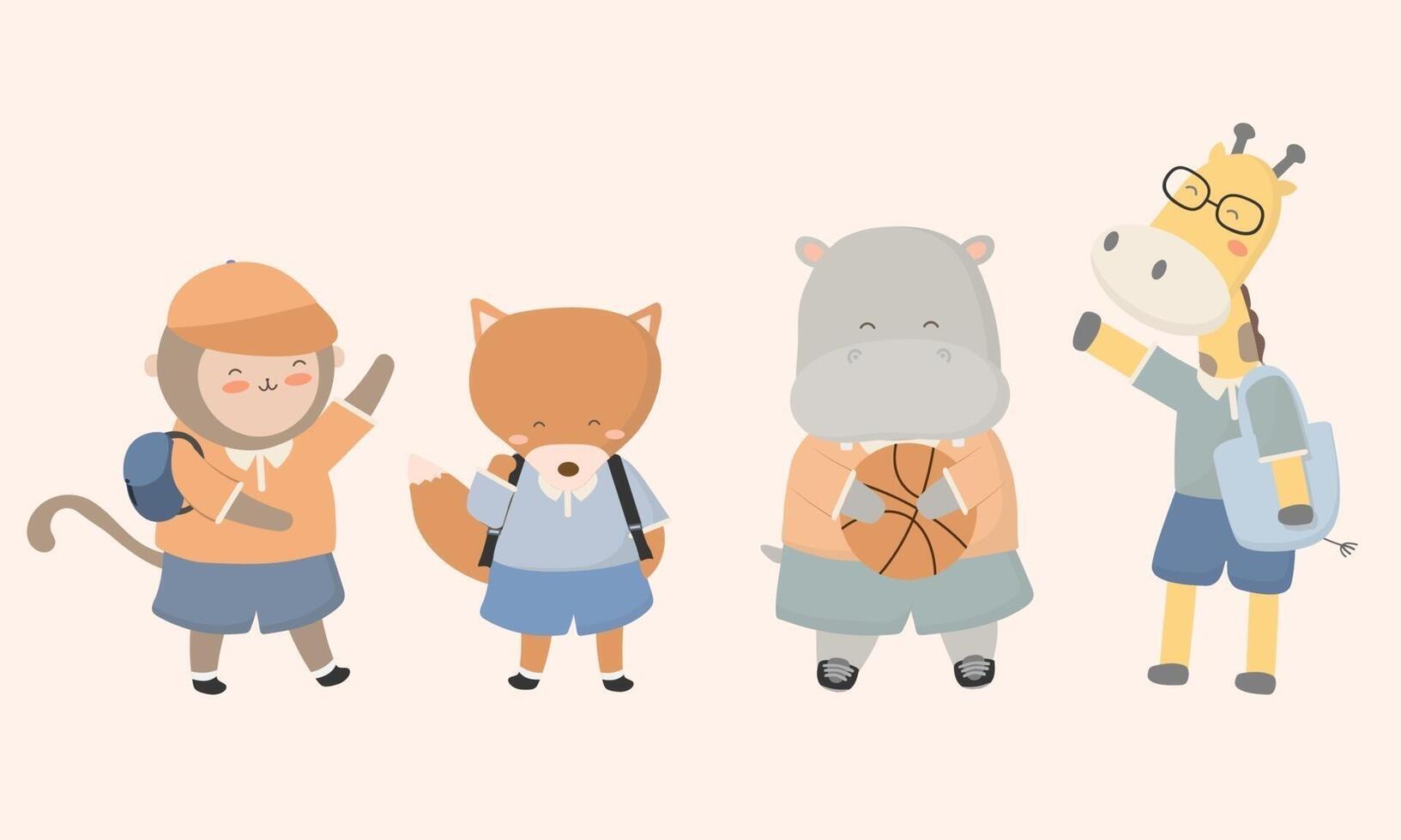 Bienvenido de nuevo a la escuela con divertidos personajes de animales escolares ilustración vectorial plana. vector