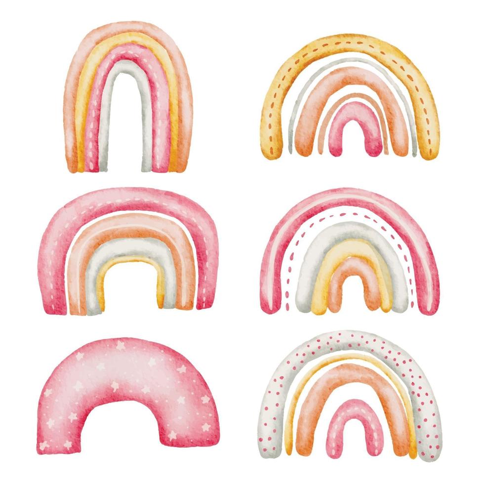 Watercolor Baby toy and accessories. Baby stuffs set of rainbow pillows, vector