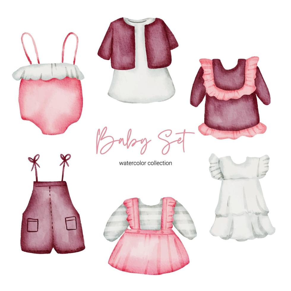 Watercolor vector illustration clothes object asset. Baby stuffs set of clothes boy and girl