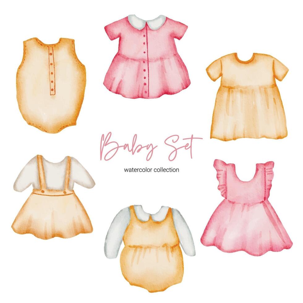 Watercolor vector illustration clothes object asset. Baby stuffs set of clothes boy and girl