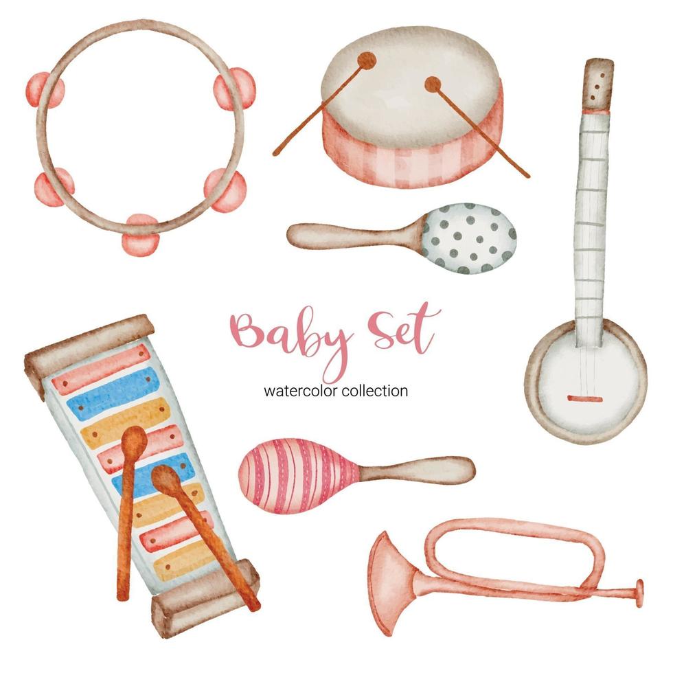 Watercolor Baby toy, Baby stuffs set of Musical instruments vector