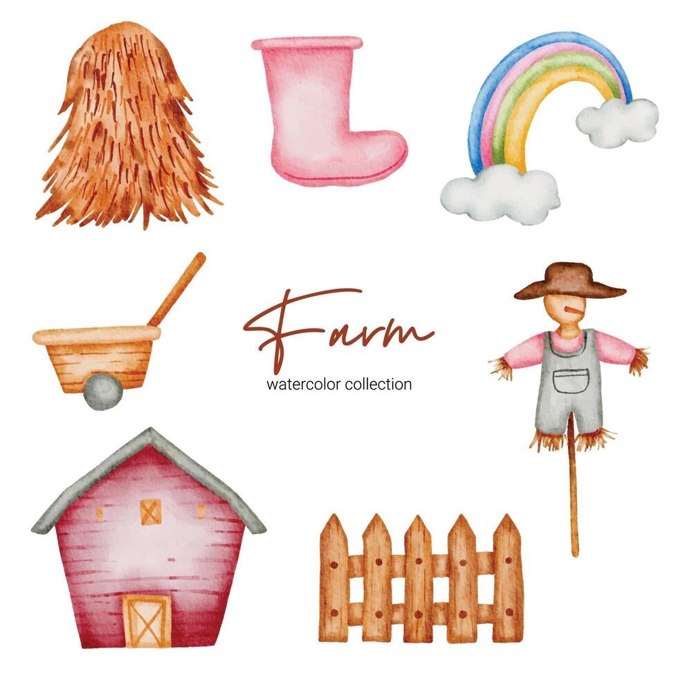 Watercolor countryside object asset. Baby toy stuffs set vector
