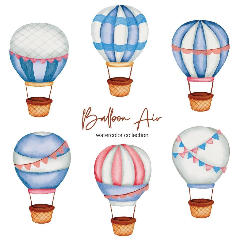 Watercolor Baby toy and accessories illustration. Baby stuffs set of Set of hot air balloons vector