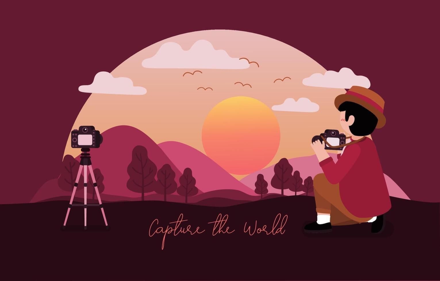 Photographer with trip to taking photo landscape illustration vector