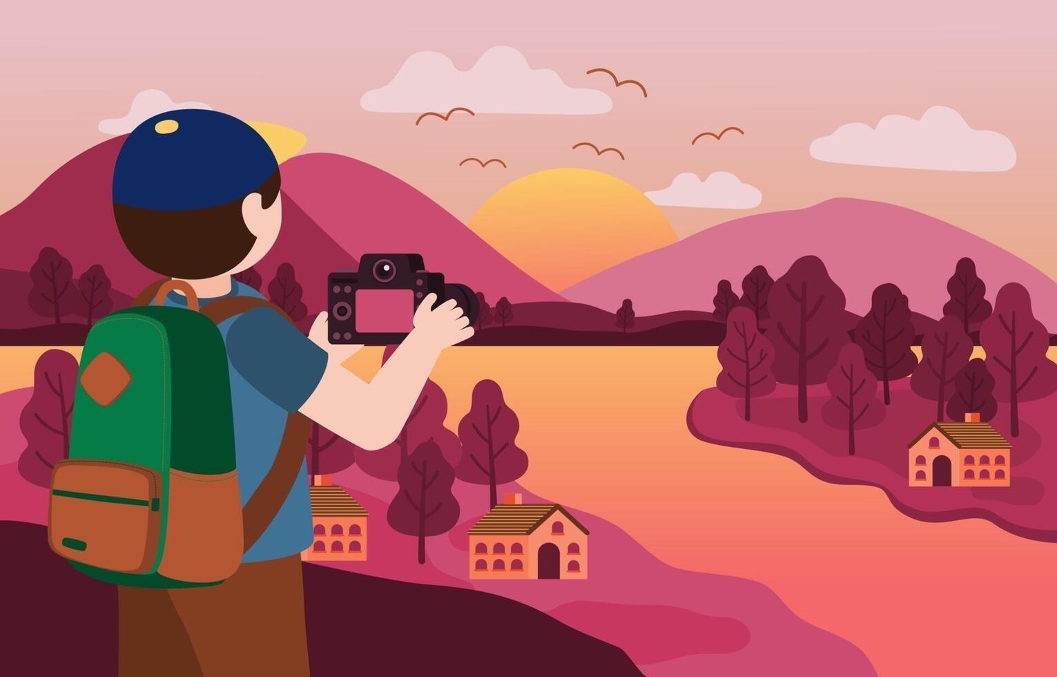 Photographer use camera taking a beautiful landscape photo vector