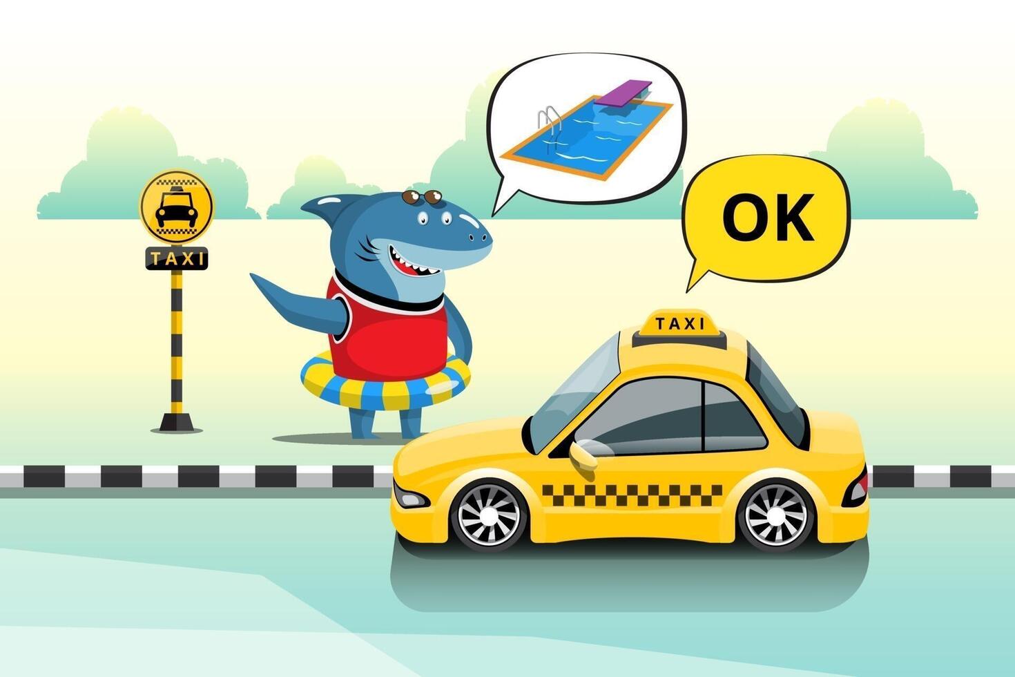 Swimmer sharks tell taxis their pool destination at a downtown taxi stand vector