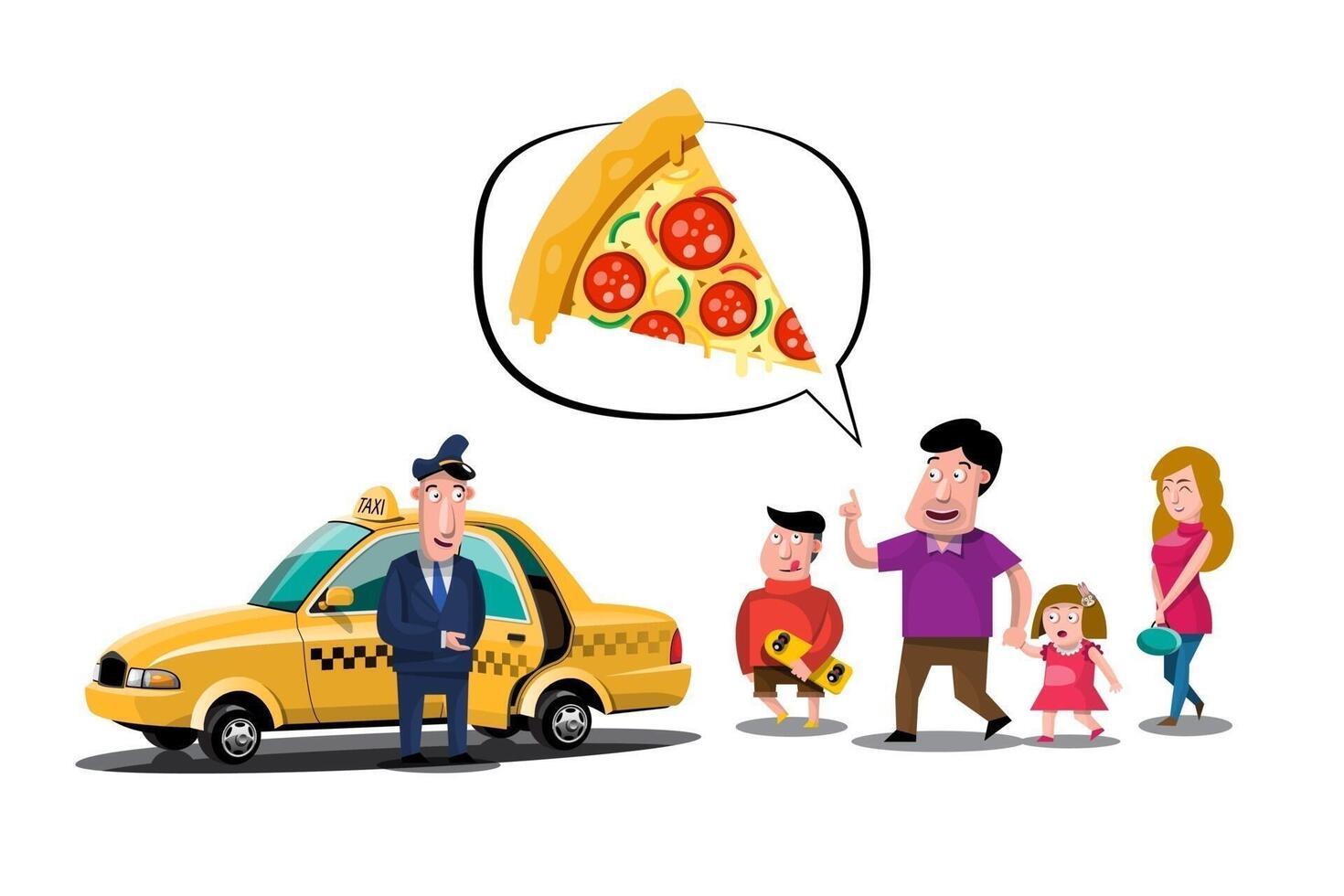 el mayordomo llevó a la familia a comer pizza en servicio de taxi vector