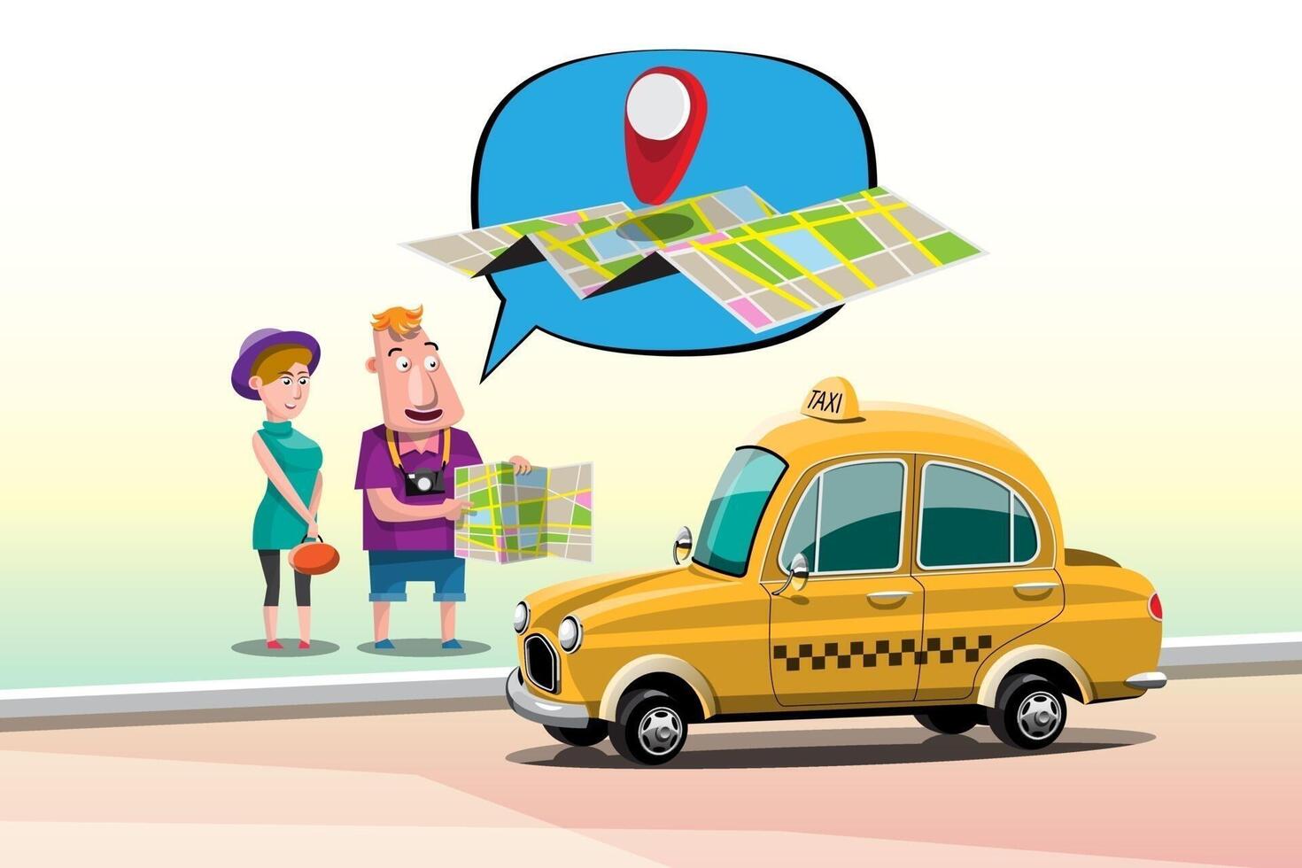 Tourist 2 spread a map and tell the destination where you want to go with the taxi driver vector