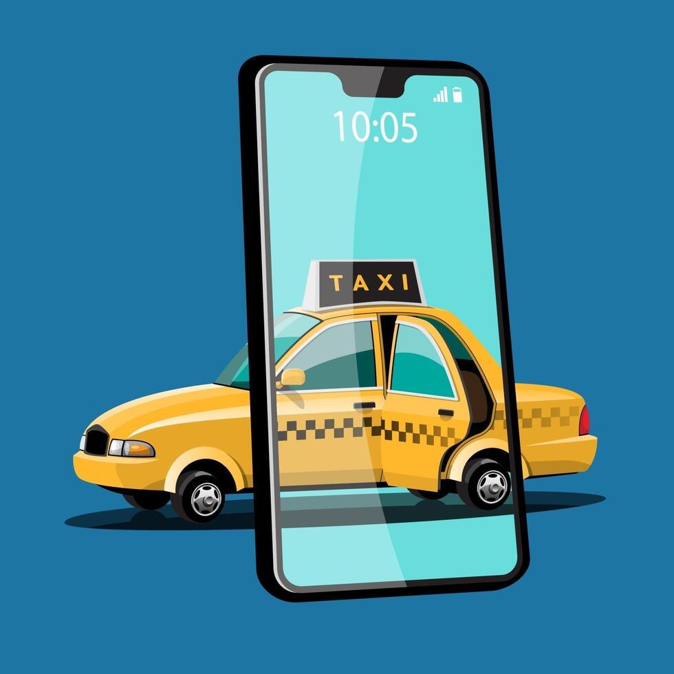 solicitud en línea para llamar al servicio de taxi por teléfono inteligente y establecer la ubicación del destino vector