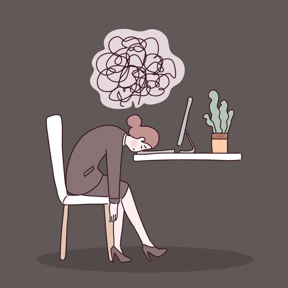 Tired women office worker sitting on the chair, battery energy low charge and fatigue or exhausted vector