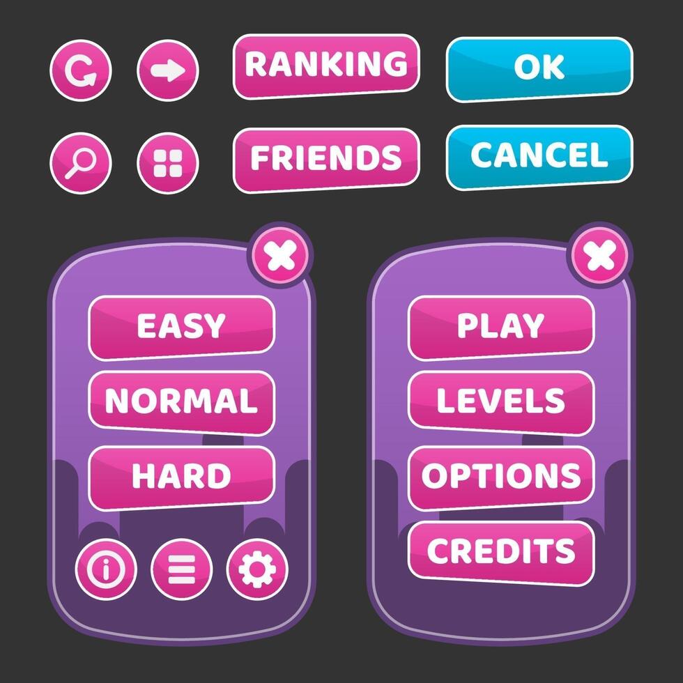 Button set designed game user interface GUI for video games, computers. vector