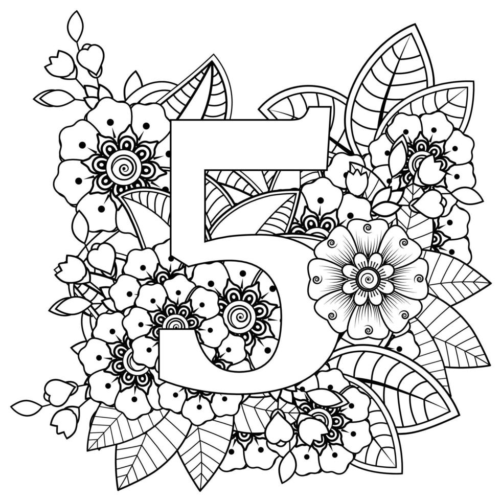 número 5 con adorno decorativo de flores mehndi en estilo étnico oriental página de libro para colorear vector