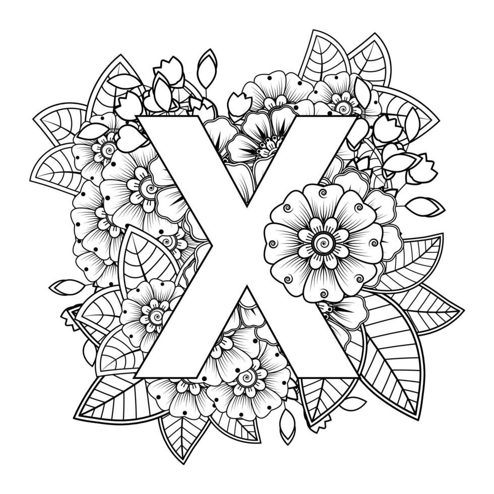 Letter X with Mehndi flower. decorative ornament in ethnic oriental. outline hand-draw vector illustration.