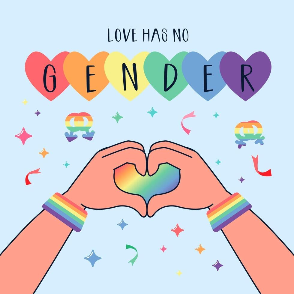 Multiracial and gender equal hands holding a LGBTQ rainbow heart shape vector