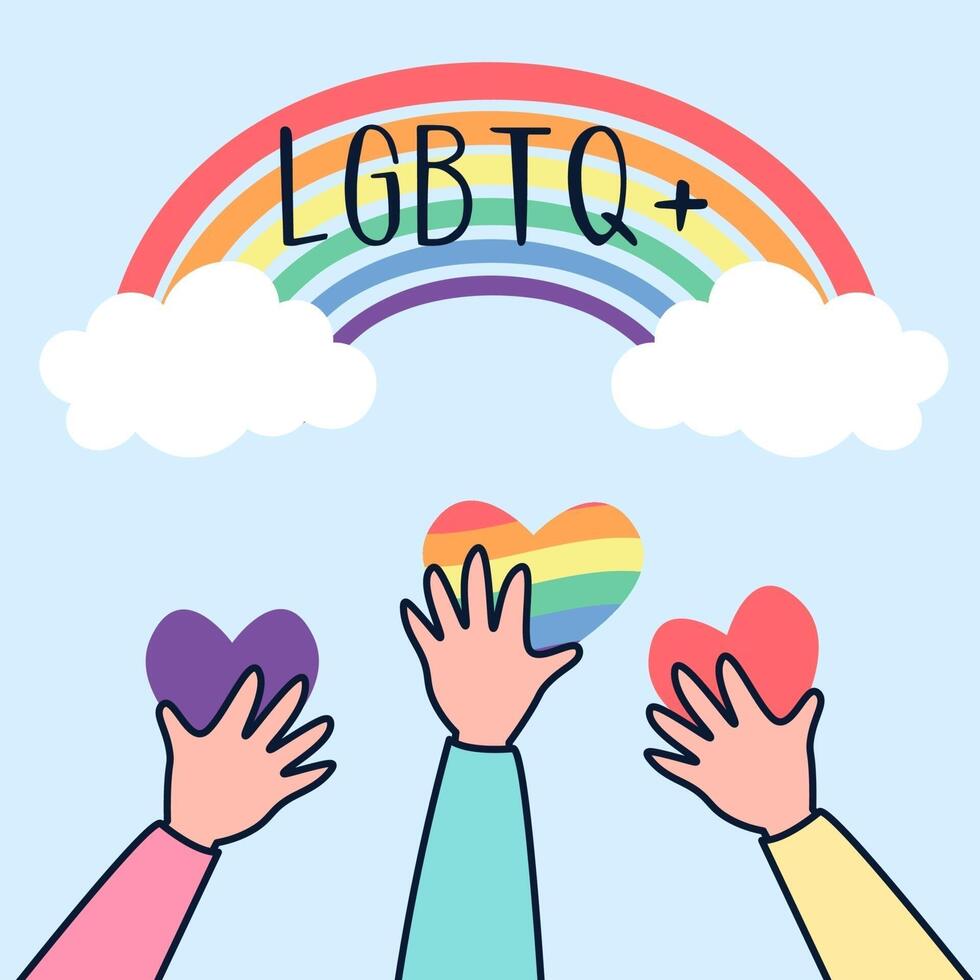 Multiracial and gender equal hands holding a LGBTQ rainbow heart shape vector