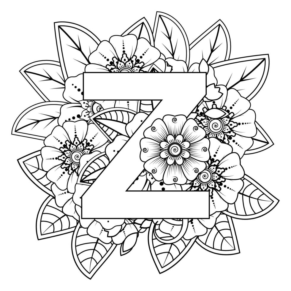 Letter Z with Mehndi flower. decorative ornament in ethnic oriental. outline hand-draw vector illustration.