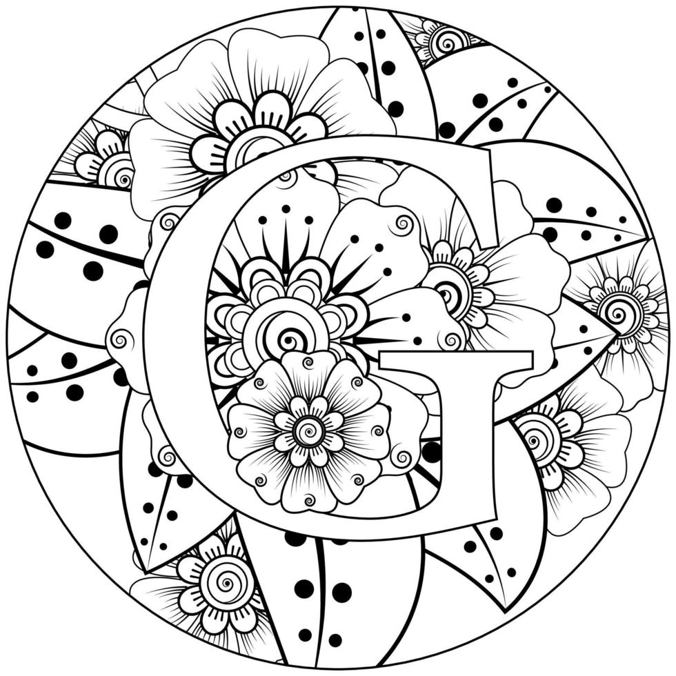 letra g con flor mehndi. ornamento decorativo en étnico oriental. esbozar la ilustración vectorial dibujada a mano. vector