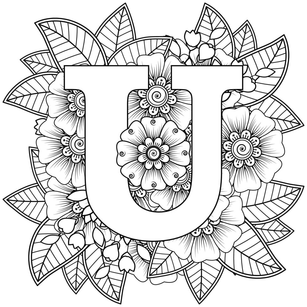 Letter U with Mehndi flower. decorative ornament in ethnic oriental vector