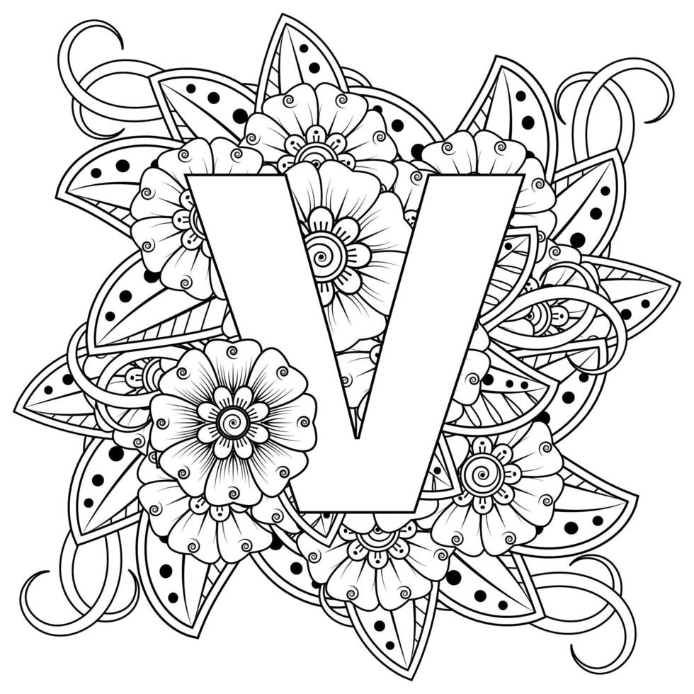 letra v con flor mehndi. ornamento decorativo en étnico oriental. esbozar la ilustración vectorial dibujada a mano. vector