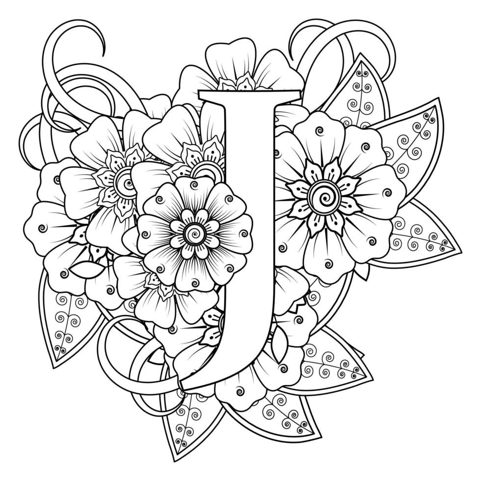 Letter J with Mehndi flower. decorative ornament in ethnic oriental. outline hand-draw vector illustration.