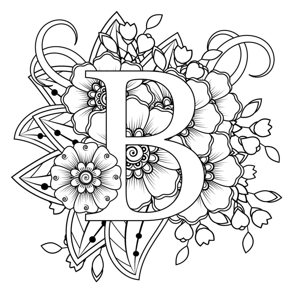 Letter B with Mehndi flower. decorative ornament in ethnic oriental. outline hand-draw vector illustration.