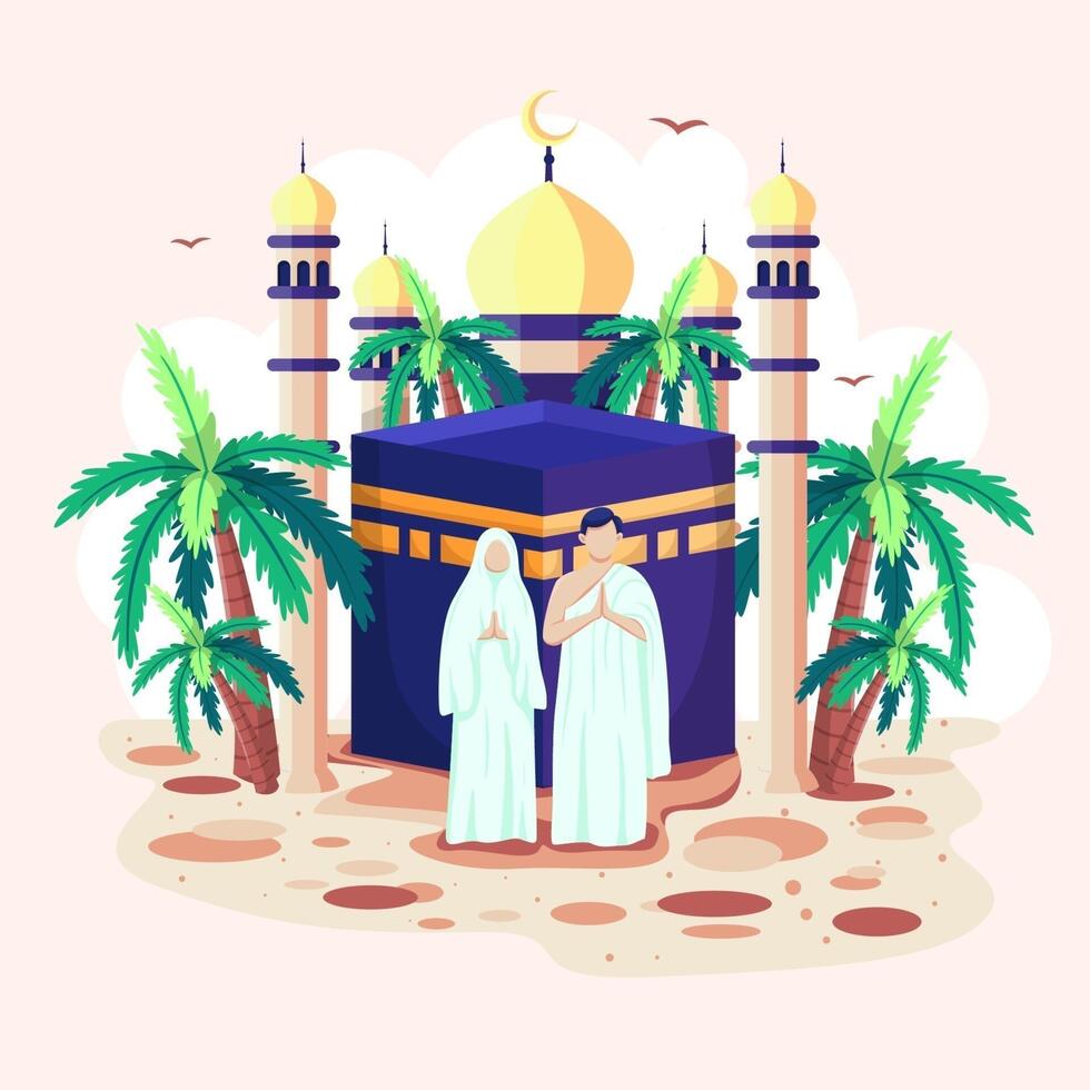 Islamic men and women stand in front of an Islamic mosque. vector