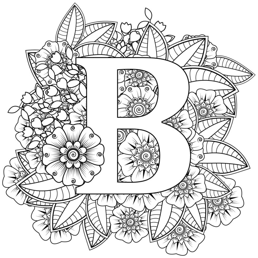 Letter B with Mehndi flower. decorative ornament in ethnic oriental. outline hand-draw vector illustration.