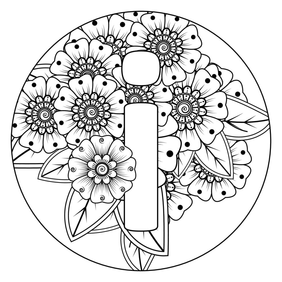 Letter I with Mehndi flower. decorative ornament in ethnic oriental. outline hand-draw vector illustration.