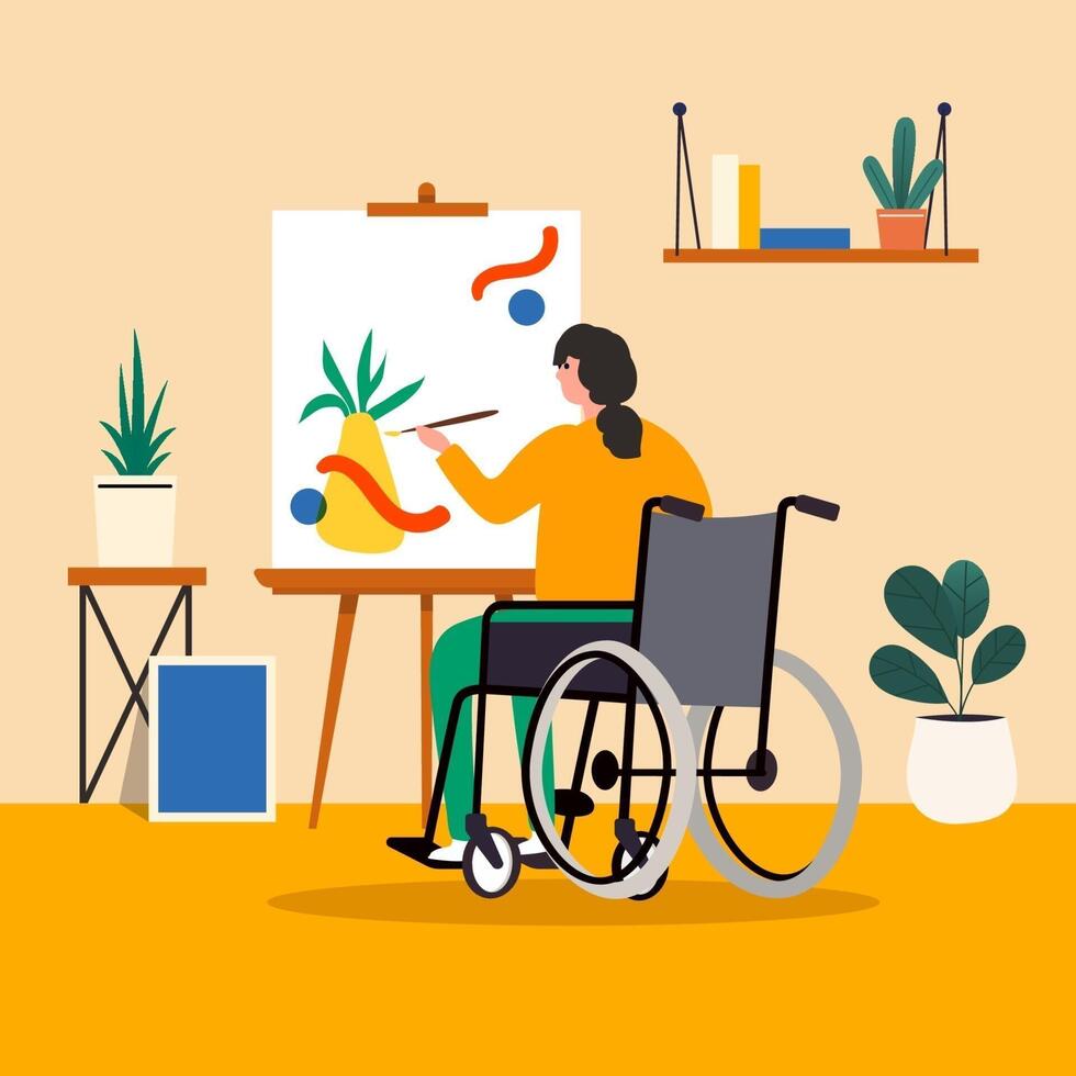 Disabled painter sitting in wheelchair is painting on canvas frame vector