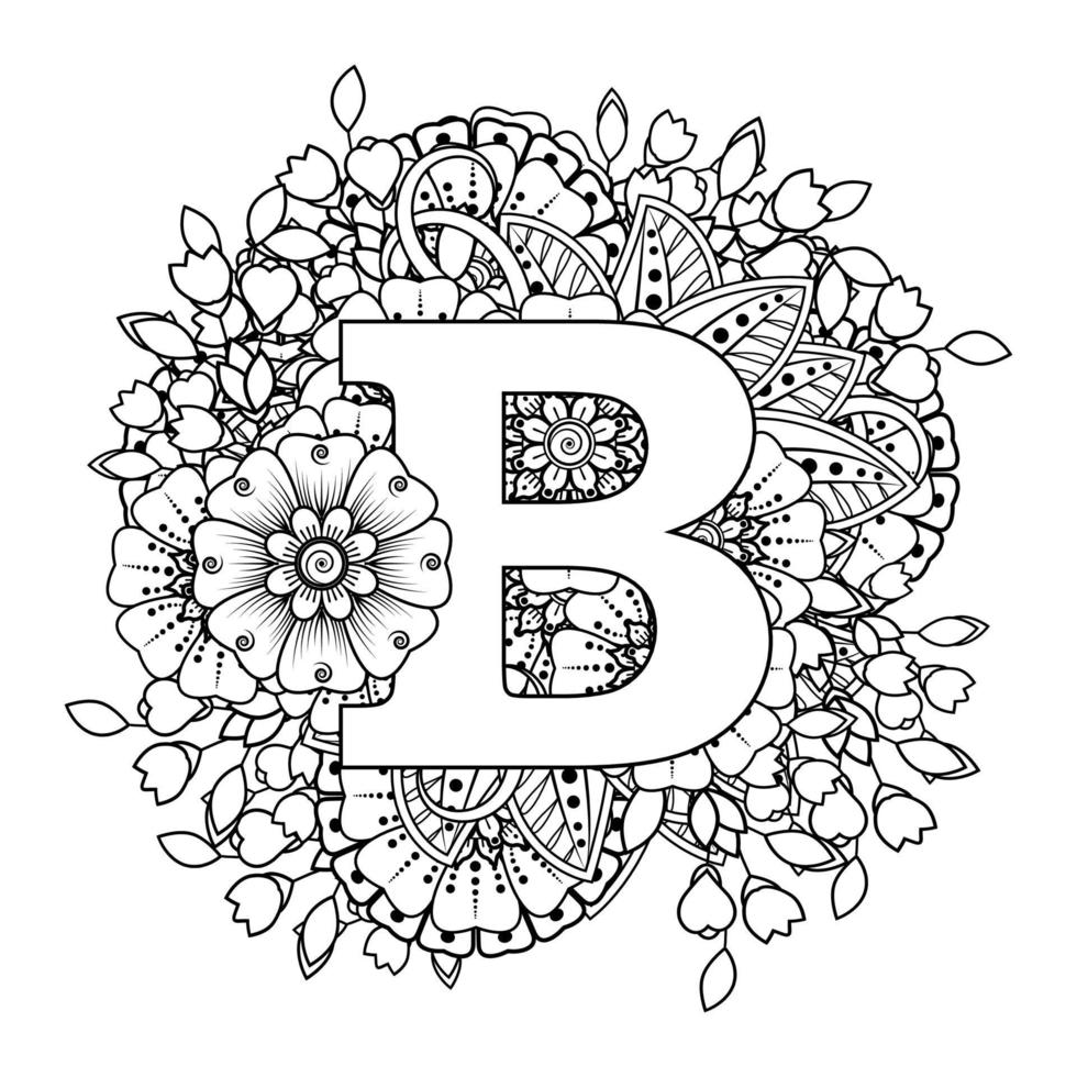 Letter B with Mehndi flower. decorative ornament in ethnic oriental.. vector