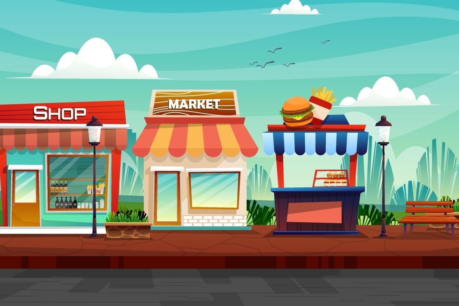 Scene of shops at front of nature park in city vector
