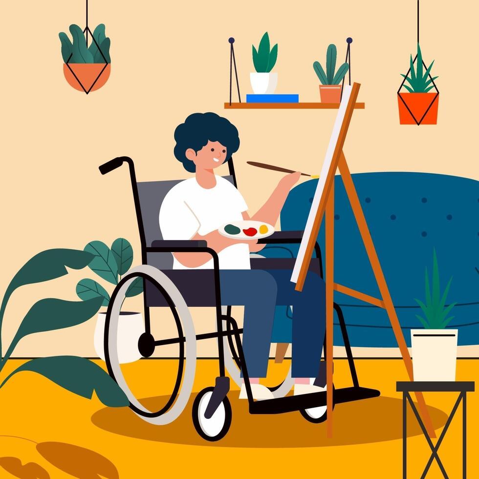 Disabled painter sitting in wheelchair is painting on canvas frame vector