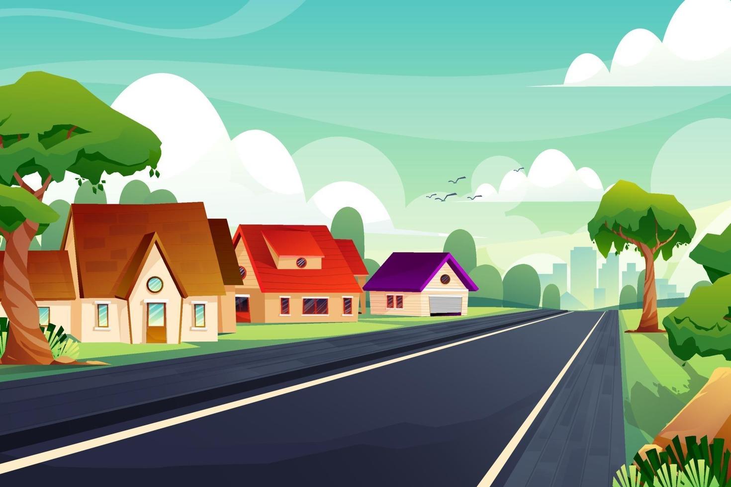 Rural scene Beautiful nature landscape with houses and road vector