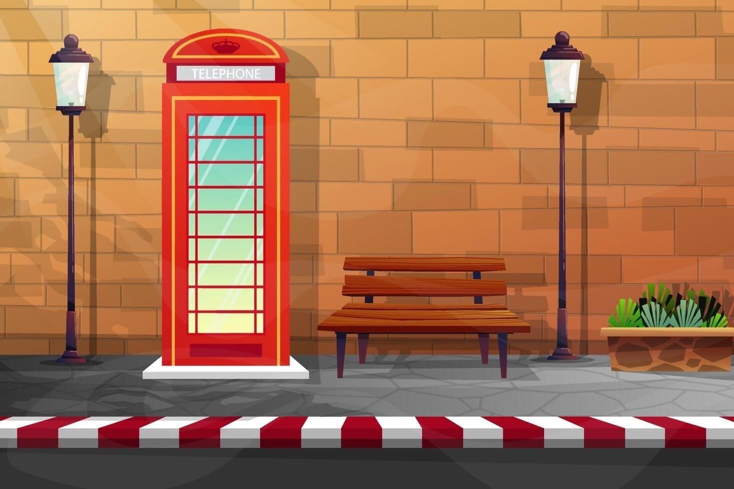 Scene of telephone booth and bench near brick wall vector