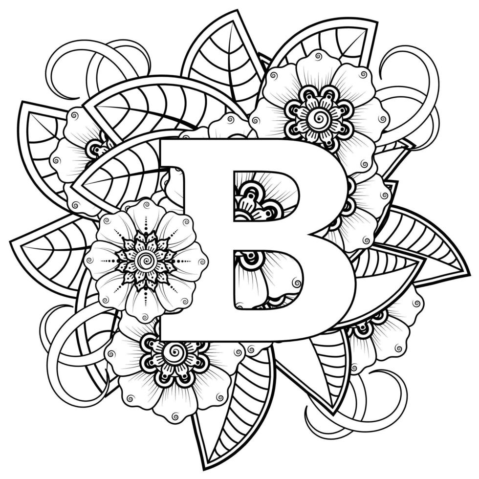 letra b con flor mehndi. ornamento decorativo en étnico oriental. esbozar la ilustración vectorial dibujada a mano. vector