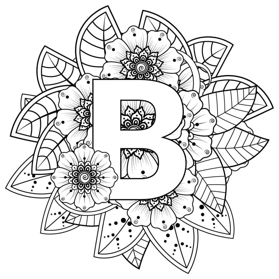 Letter B with Mehndi flower. decorative ornament in ethnic oriental. outline hand-draw vector illustration.