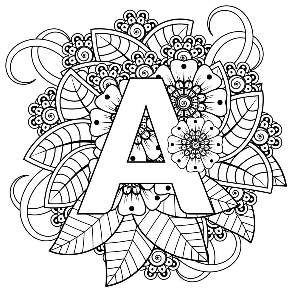 Letter A with Mehndi flower. decorative ornament in ethnic oriental vector