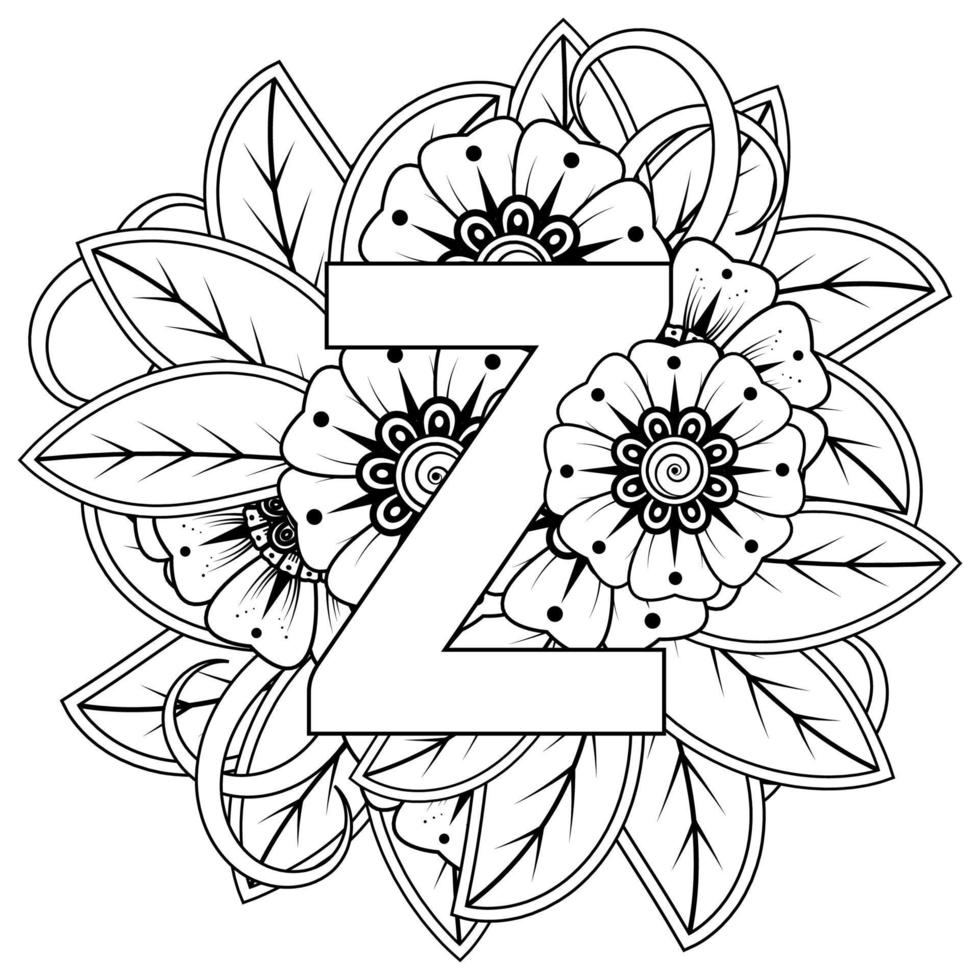 Letter Z with Mehndi flower. decorative ornament in ethnic oriental. outline hand-draw vector illustration.