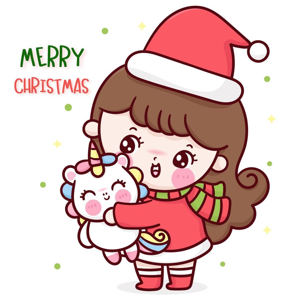 Cute unicorn with santa girl Christmas day vector