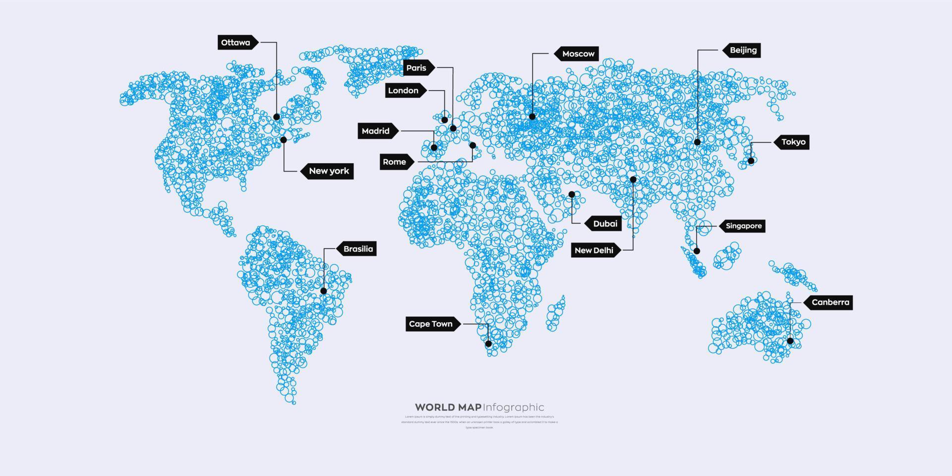 Infografía del mapa mundial con las principales ciudades destacadas. mapa mundial compuesto con círculo. ilustración vectorial mapa de silueta aislado sobre fondo blanco. vector